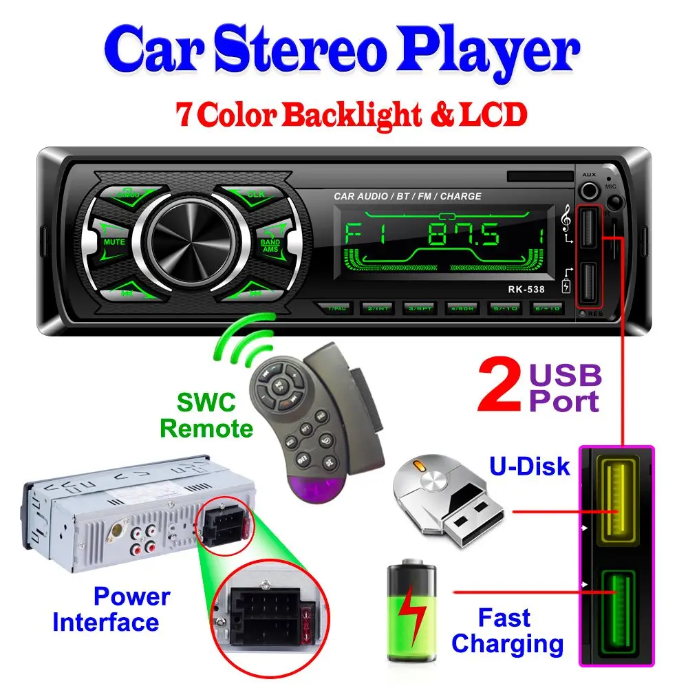 

1 Din 12V Car Radio MP3 Player Bluetooth Stereo FM Receiver Multimedia Player Support FM/USB/AUX/SWC