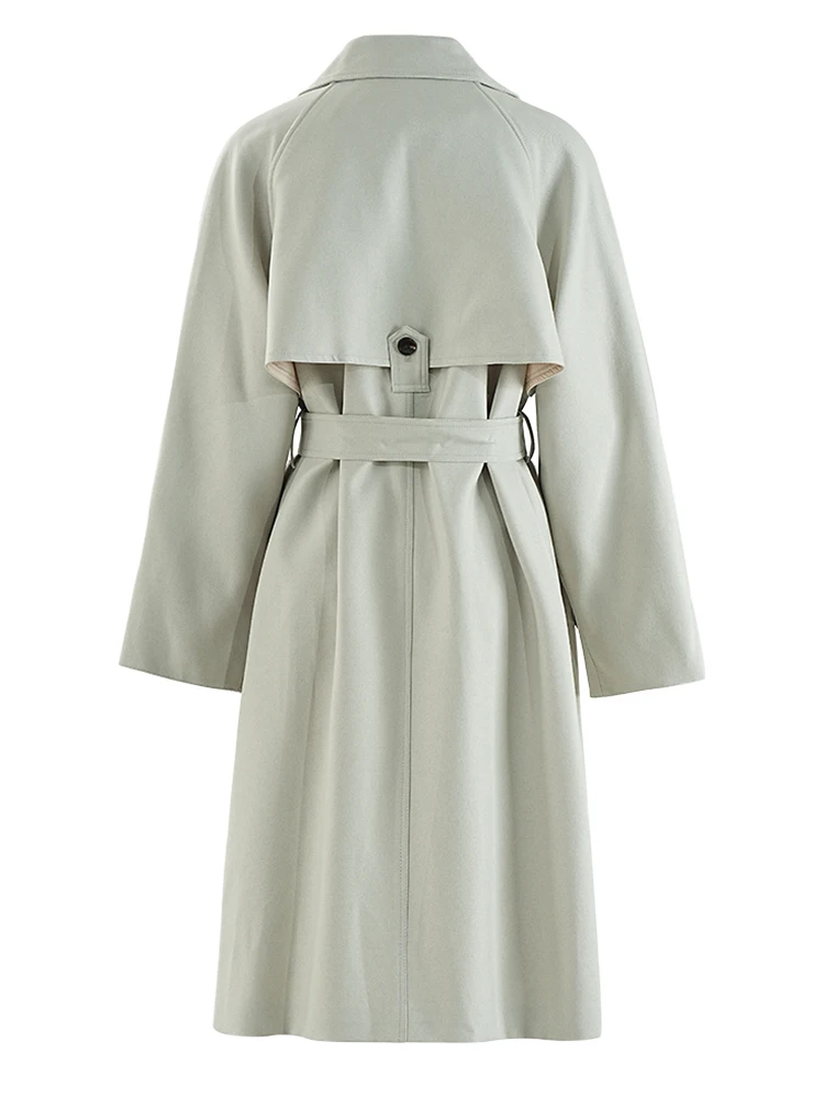 [EAM] Женский зеленый элегантный длинный плащ с поясом большого размера новый