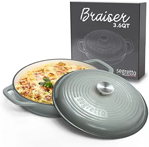 

QT Braiser Enameled Cast Iron Casserole Pan With Cover, Grigio Scuro (Gradient Gray) Cast Iron Braiser Pan With Lid, Lasagna Pan