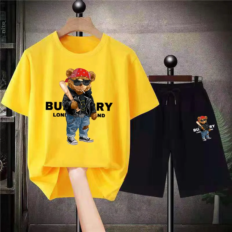 Fashion Funny Bear T Shirt Shorts Pure Cotton Men's Tracksuit 2 Piece Sets Brand Man Clothing Streetwear Hip Hop Sports Outfits