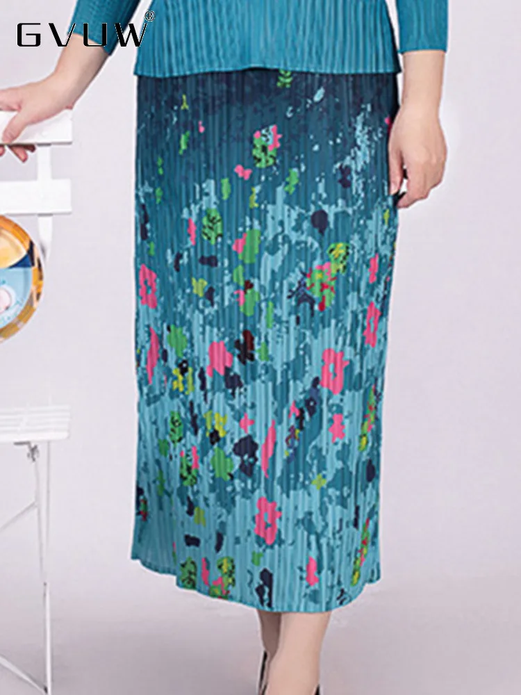 

GVUW Floral A-line Pleated Hip Wrap Skirts For Women Print Color Block 2023 Summer Female Elastic Waist Mid-calf Skirt 17J0564