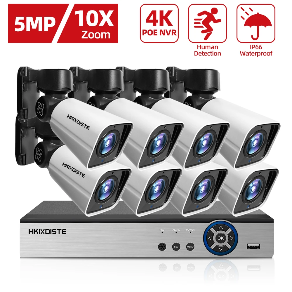 

8CH 4K POE NVR 5MP IP PTZ 10X Zoom Camera POE IP Outdoor Security System Kit Humanoid Detection CCTV Camera P2P View H.265