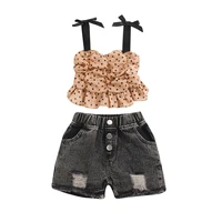 2022 girl set summer suspender chiffon topdenim shorts 2pcs kid clothes children clothes for 2 6 years