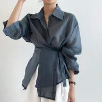 fashion womens blouse korean chic summer simple design irregular buckle lapel waist long sleeve sunscreen shirt blouse women