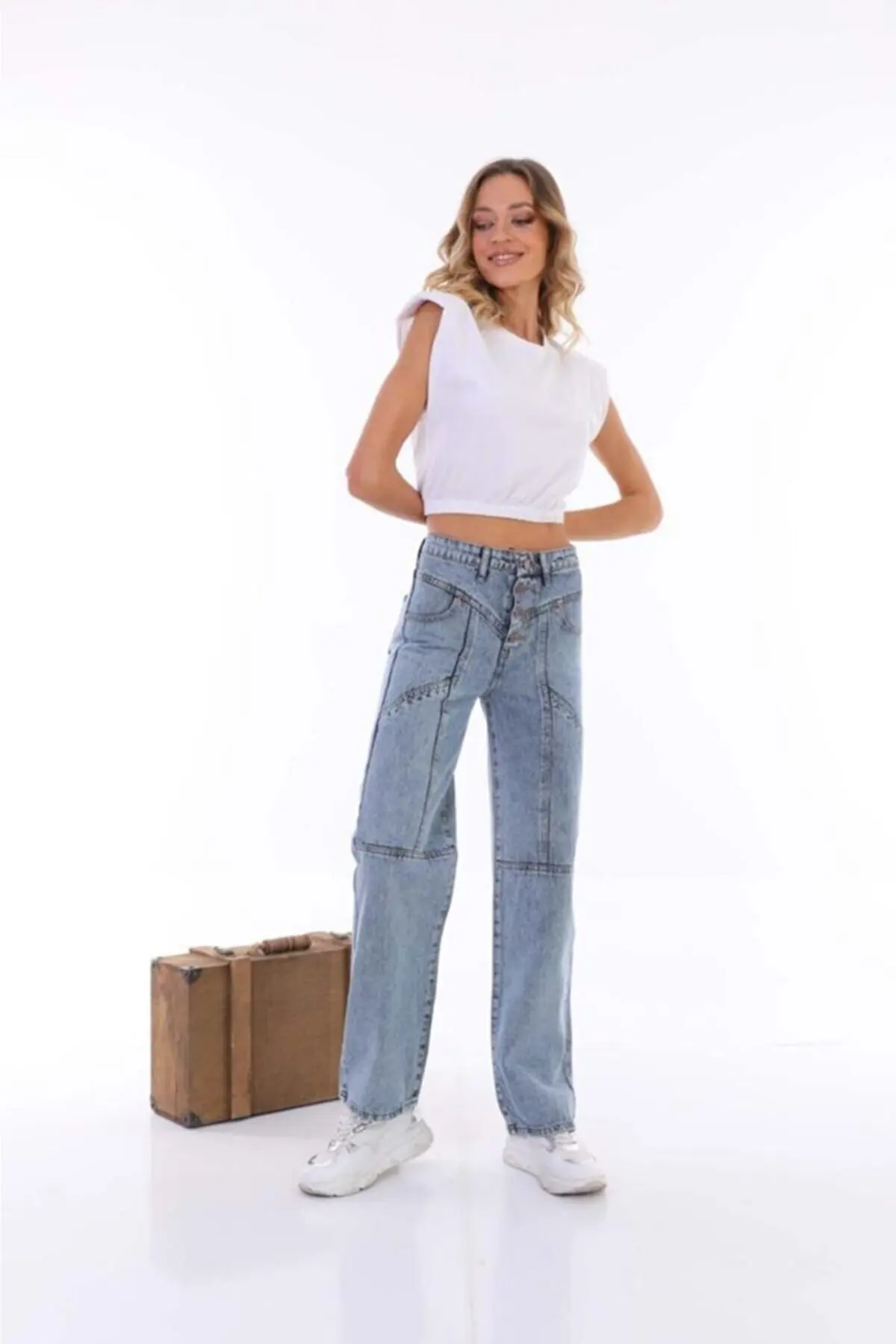 

Blue Snow Wash Wide Leg Stitching Detail High Waist Palazzo Trousers