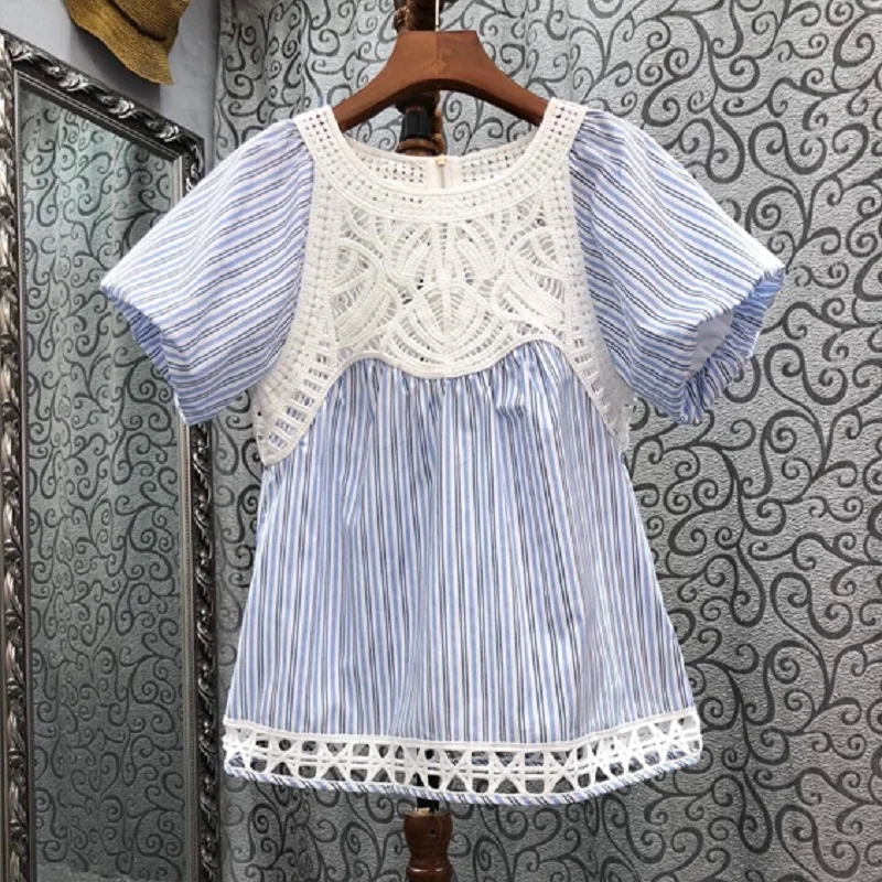 100%Cotton Tops 2022 Summer Fashion Blouses High Quality Women Hollow Out Embroidery Lantern Sleeve Casual Striped White Tops