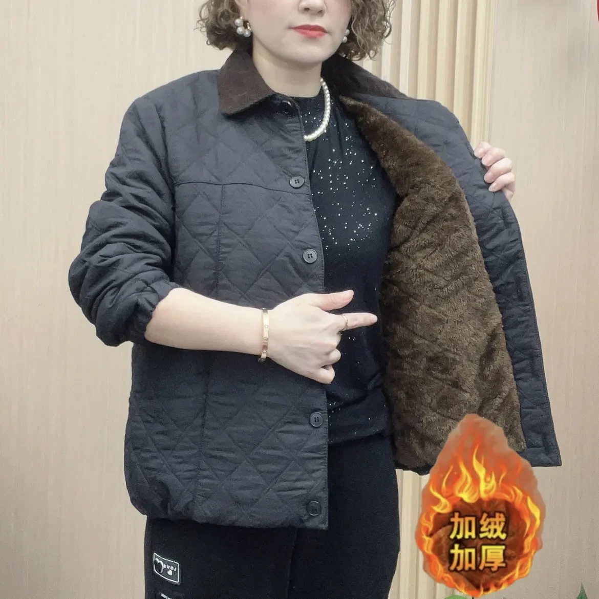 2024 Winter Temperament Fashion Mother Lapel Rhombus Cotton-padded jacket Top Warm Cotton-Padded Jacket Western Sle Age-Red...