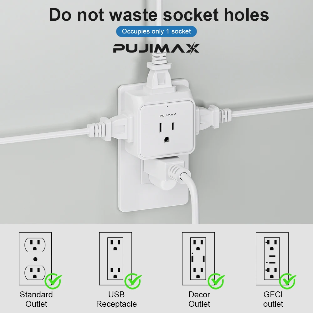 Сетевой фильтр-удлинитель PUJIMAX, 2 шт., с вилками стандарта США, 5 розеток (1x3-контактная + 4x2-контактные), умный, с защитой от перенапряжения (art.: 3920dc5da93e9) - 3920dc5da93e9