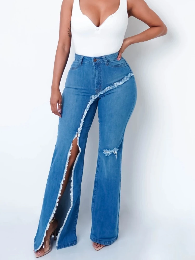 

New Elastic Fashion Ripped Flared Trousers Raw Edge Slit Sexy Wide Leg Jeans High Waisted Jeans Boyfriend Jeans for Women