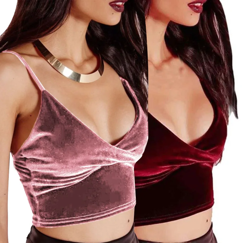 

1Pc Sexy Velvet Small Sling Deep V Sexy Tank Tops Solid Color Camis Fashion Crop Tops Simplicity Sleeveless For Lady
