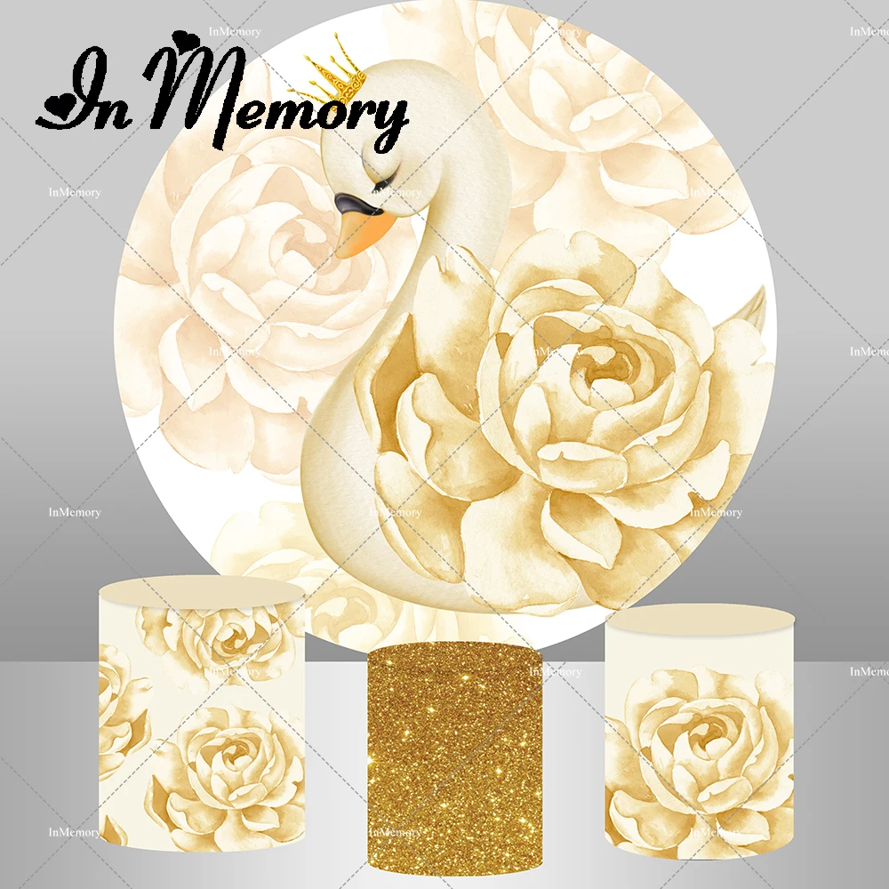 

Цветочный благородный лебедь круглая задняя крышка для девочек детский день рождения Вечеринка фон Золотой блестящий Plinth эластичный чехол