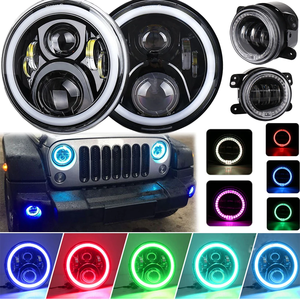

7inch LED Round Headlights with RGB Halo White DRL & 4inch RGB Fog Lights for Lada-Niva 4x4 Off Road Headlamp Jeep-Wrangler