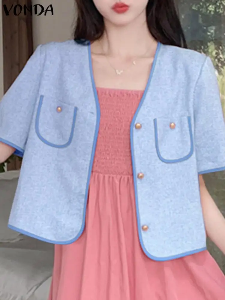 

Рубашка VONDA женская с V-образным вырезом, модный однотонный топ с коротким рукавом, элегантная повседневная свободная уличная одежда, лето 2023