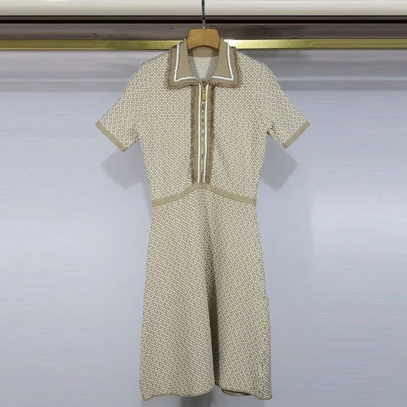 

Office ladies dress slim knit elegant short-sleeved zipper comfortable French brand V-neck dress women