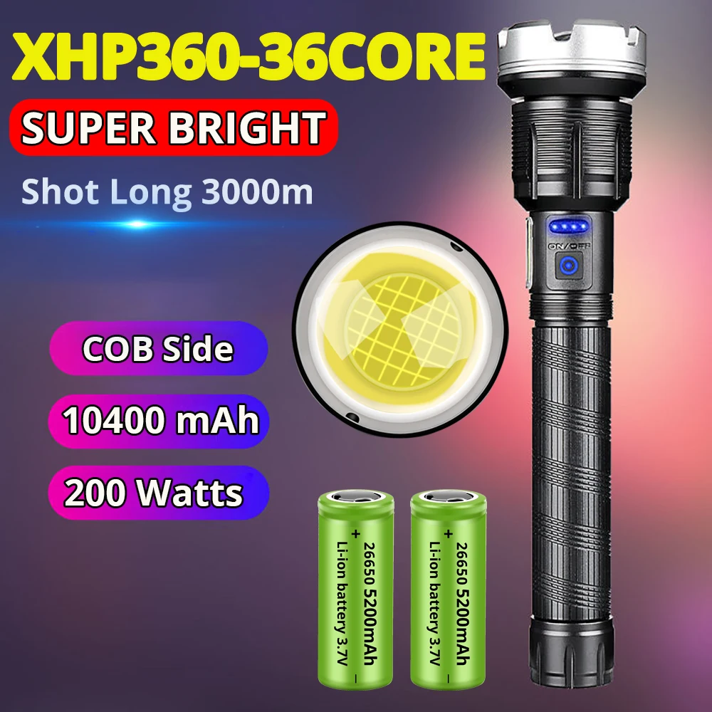 

XHP360 36core 10400mah Led Flashlight Rechargeable Torch Usb Powerful Tactical Flash Light Zoomable Hunting Lantern Long Range