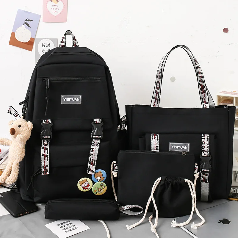 

5pcs/set Women Backpacks Waterproof Multi-Pocket Canvas School Backpack Student Female Girl Boy Kawaii Laptop Book Pack Mochilas
