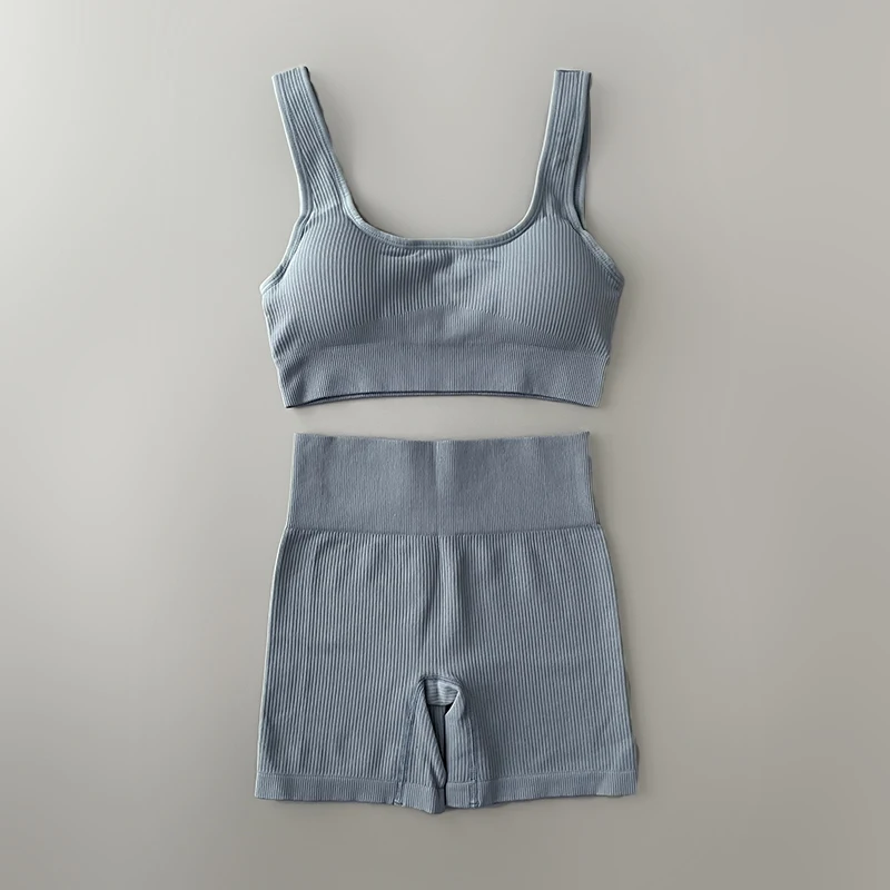 Seamless Ribbed Yoga Set for Women Clothing Sportswear High Waist Leggings Gym Suit Workout Running Crop Top Female Tracksuit