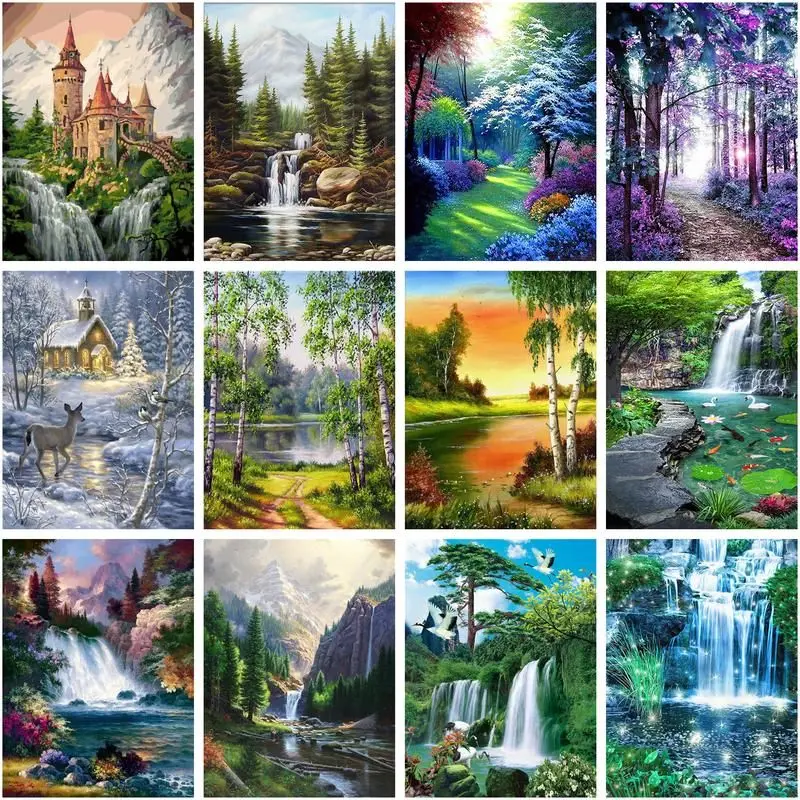 CHENISTORY Oil Painting By Number Waterfall Scenery Wall Art Diy For Adults Picture By Numbers Tree Landscape Gift Home Decorati
