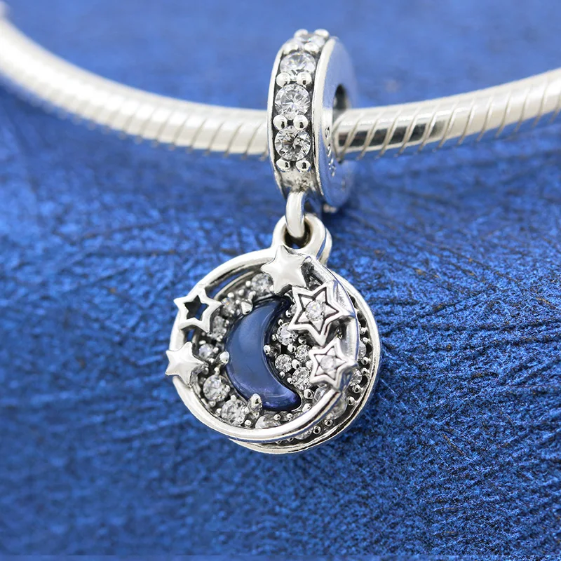 

Бусины из стерлингового серебра 925 для браслета Пандоры для женщин, с изображением голубого ночного неба, полудена, Луны, звезд