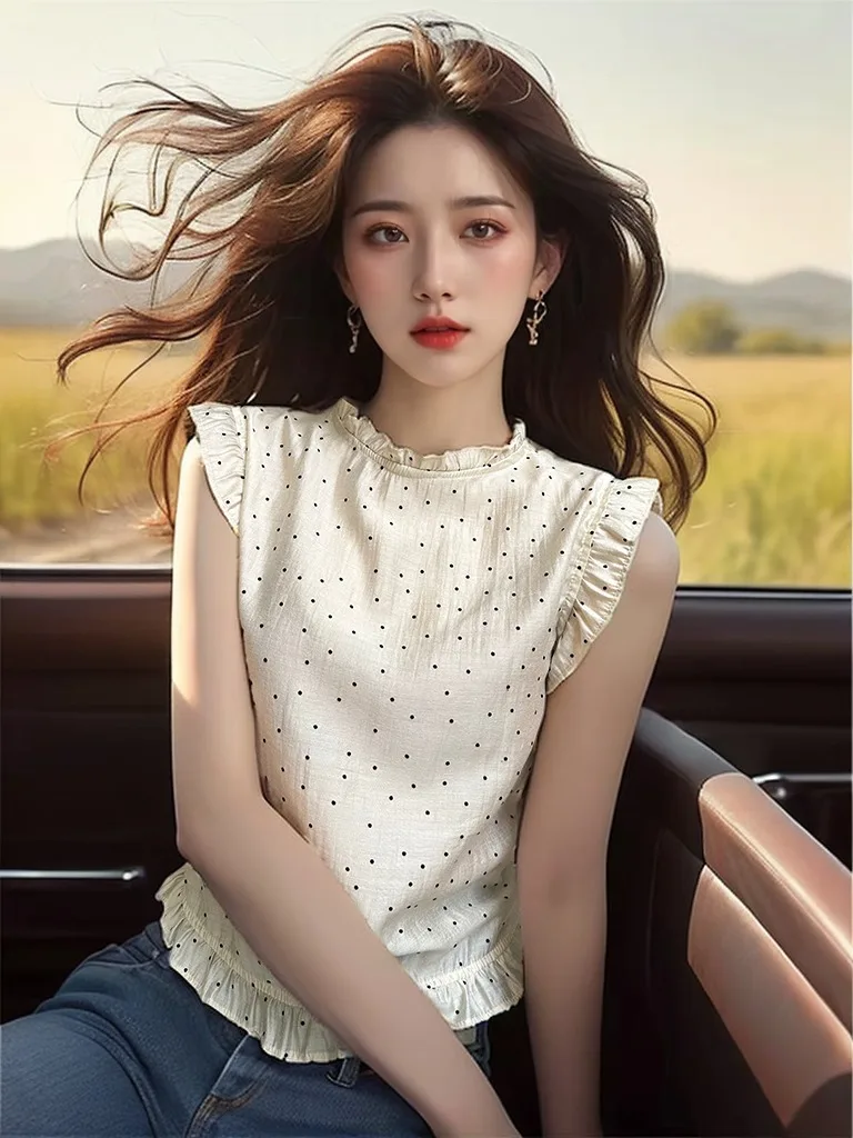 Шифоновые рубашки в горошек с деревянными ушками женские летние французские