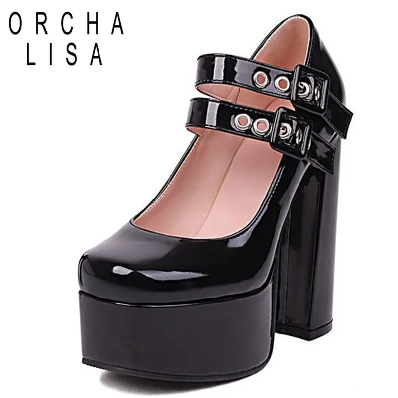 

ORCHA LISA Women Platform Pumps Patent Leather Square Toe Chunky Heels Buckle Straps Big Size 35-41 Black White Party S3632