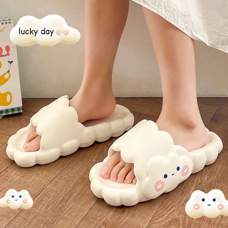 

Summer Women Men's Slippers Thick Platform Beach Slide Sandals Non-slip Flip Flops Cartoon Clouds High Heels Ladies Bath Shoes