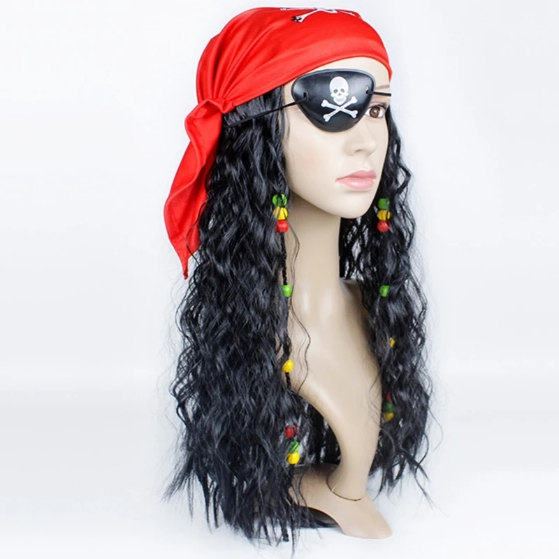 Черный вьющийся пиратский костюм для косплея парик с шарфом повязкой на глазу