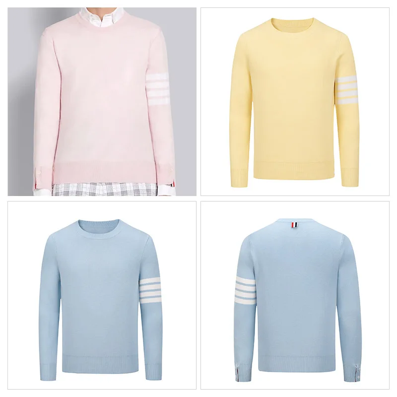 TB THOM Men's Winter Sweaters 2022 Korean Fashion Tops Cotton Striped 4-Bar O-neck Pullover Knit Slim Casual Sweaters