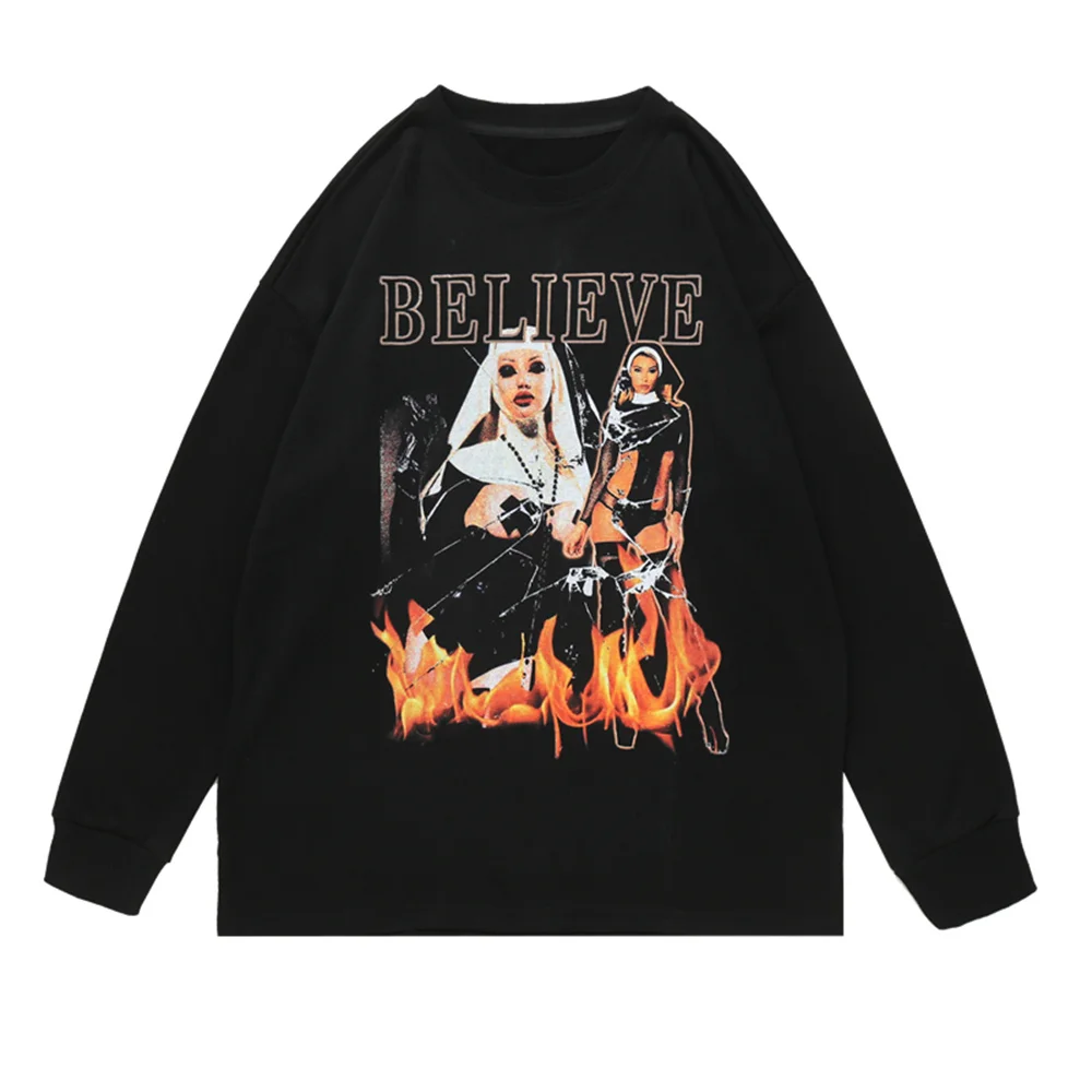 

Men Hip Hop Streetwear Punk Nun Print T Shirt Long Sleeve Harajuku Oversize TShirts Fashion Loose Casual Cotton Autumn Cozy Tees