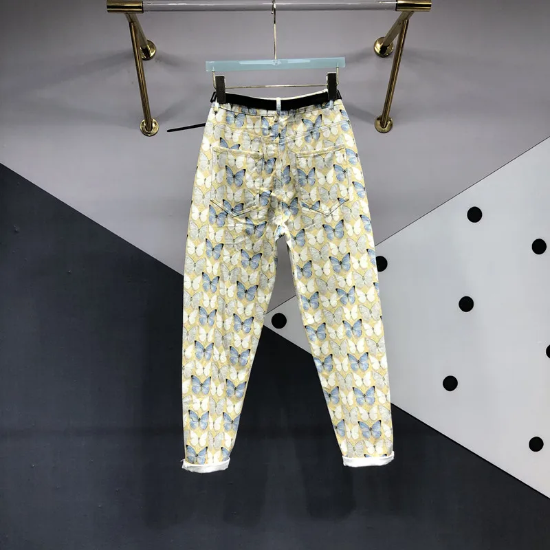 European Station 2023 Spring New Fashion Butterfly Print Pleated Jeans Fashion Women's Loose Slimming Ankle-Tied Harem Pants