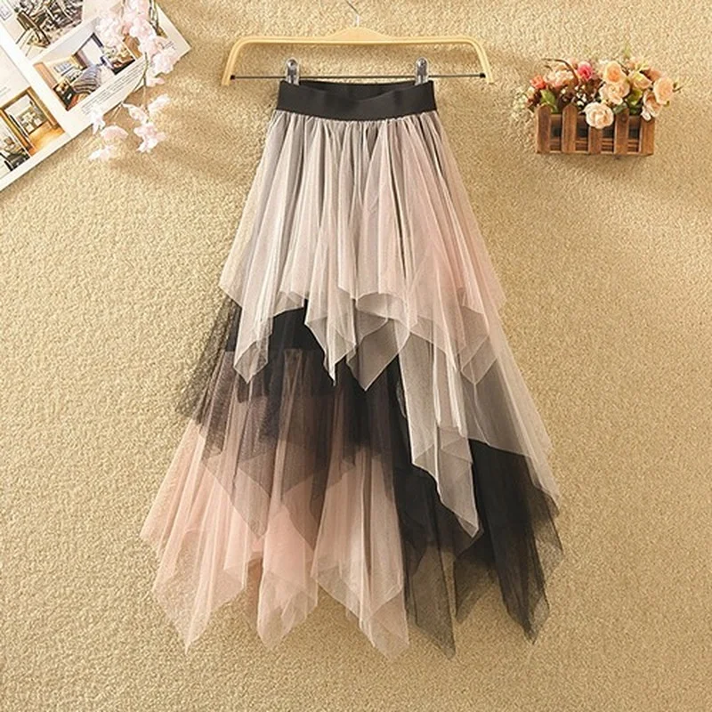 

Long Tutu Tulle Skirt Women Fashion 2022 Summer Korean Irregular Contrast Color High Waist Pleated Maxi Skirt Female