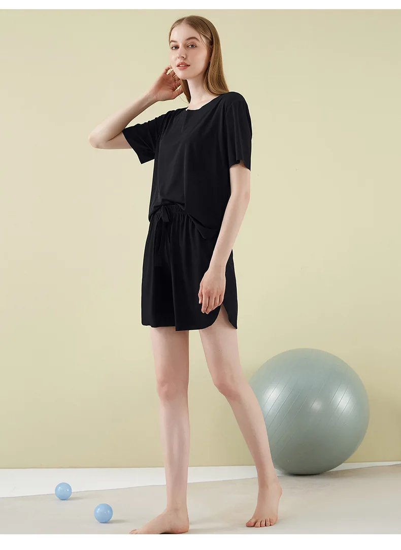 Women's Pajamas Two Piece Set Short Sleeve Shirt Top Lace-up Cropped Pants Outer Wear Loungewear Comfortable Women Pijamas Sets