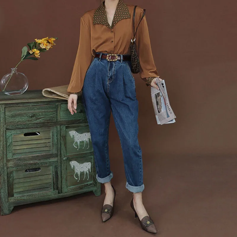 

Fashionable Turn-down Collar Spliced Vintage Women's Shirt Spring Autumn Casual Loose Long Sleeve Button Blouse Female Clothing