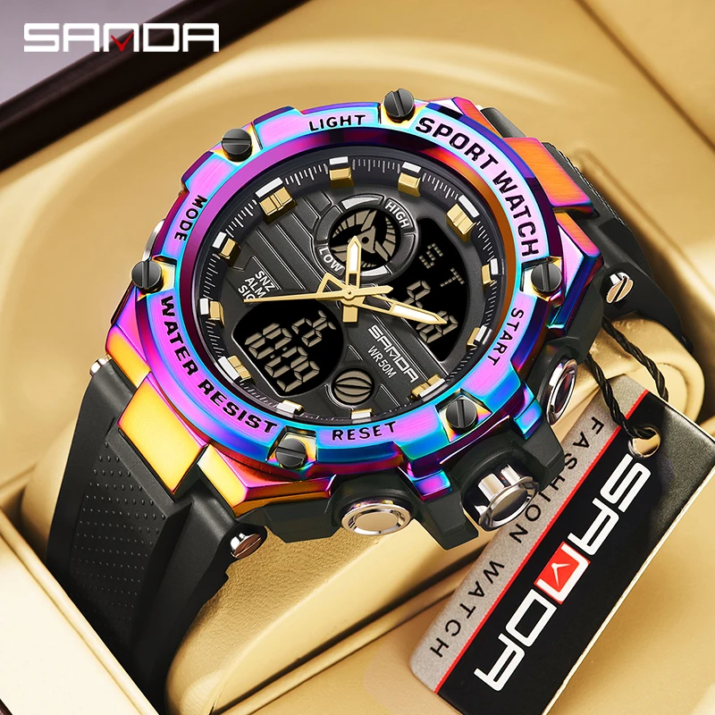 

2023 New G style Mens Dual Display Electronic Quartz Watches Outdoor Sports 50M Waterproof LED Digital Date Watch SANDA 3196