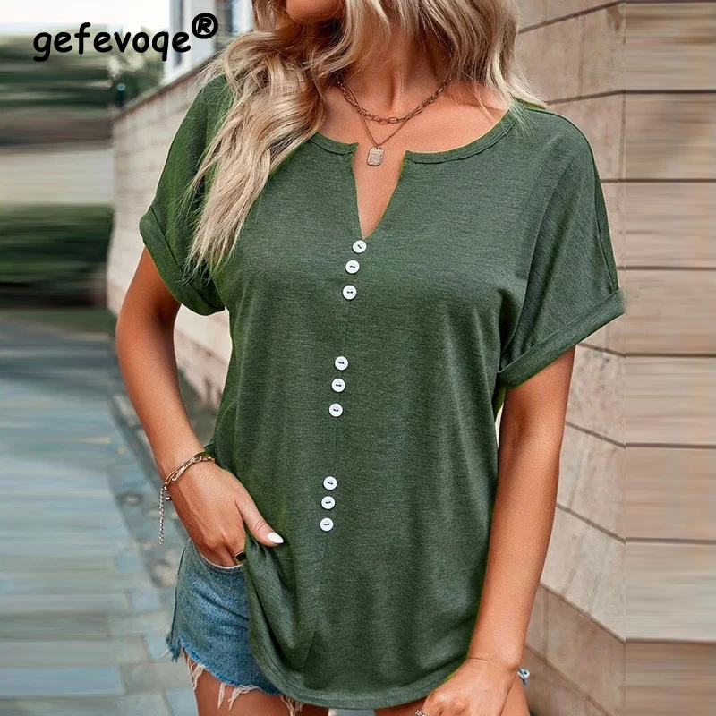 

Women's Clothing Summer Trendy V Neck Short Sleeve T-shirts Casual Streetwear Oversize Tees Y2K Female Solid Pullover Tunic Tops