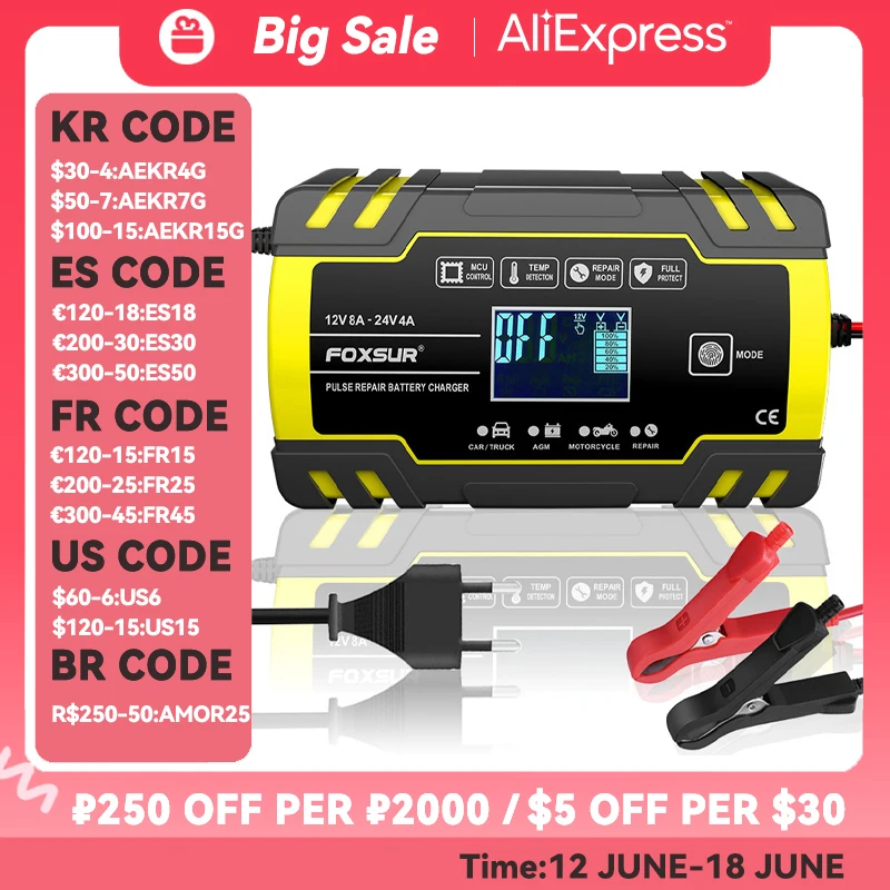 

Автомобильное зарядное устройство FOXSUR, 12 В, 8 А, 24 В, 4 а, автоматическое зарядное устройство для аккумуляторов, быстрая зарядка, импульсный ремонт, цифровой ЖК-дисплей зарядное для акб машины