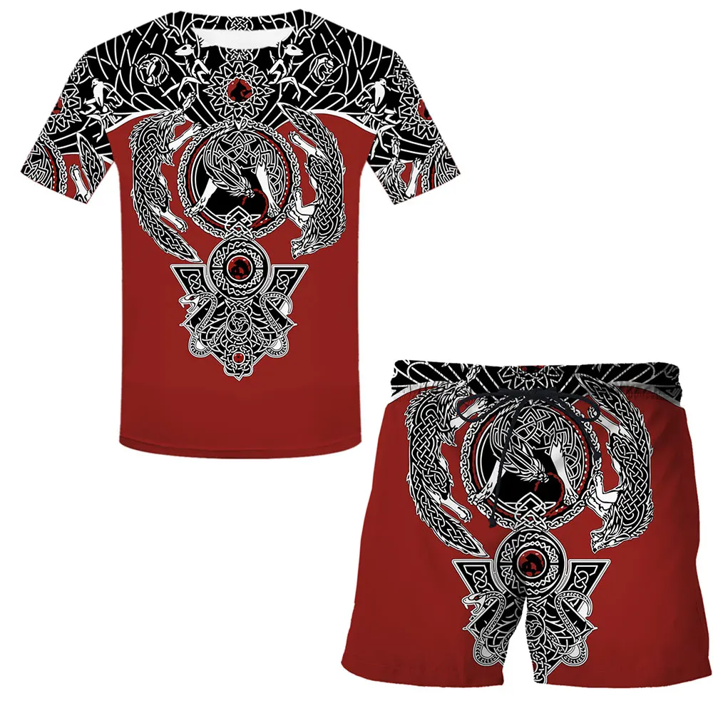 New Summer Men symbol - Tattoo Suit Sporting Suits 3d Viking Short Sleeve T Shirt + Shorts Quick Drying 2 Piece Casual Suit