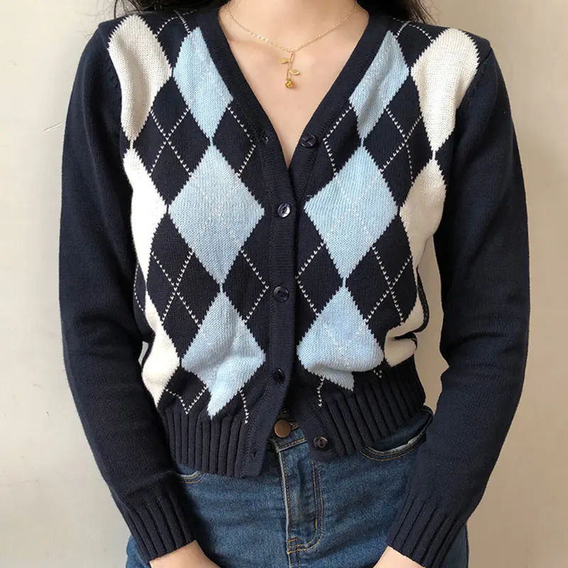 

Vintage Geometric Rhombic Cardigan Sweater Women Autumn Winter Warm Long Sleeve Knitted Outerwear Elegant V-Neck Chic Knit Tops