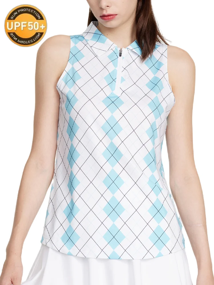 Wear Women Spring Color Checked Printing Women's Golf Clothing Zip Up Upf50+ Print T Shirt Women Clothing