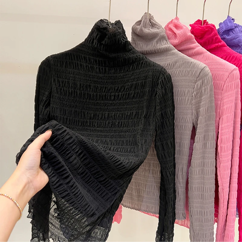 

Осень-зима 2022, женская футболка с длинным рукавом и высоким воротником, модная утепленная облегающая Базовая рубашка, женские элегантные ши...