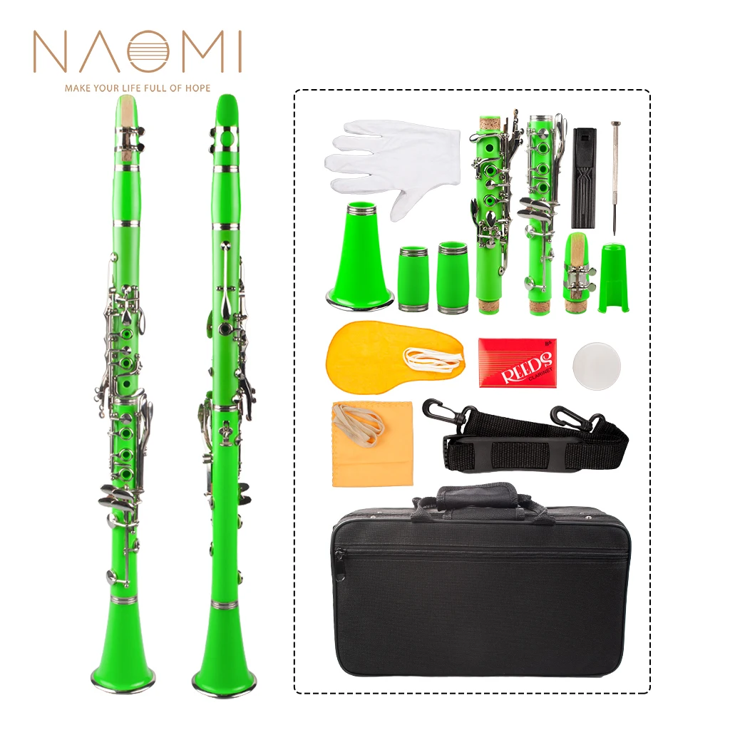 NAOMI Professional Bb Clarinet ABS Clarinet Cupronickel Plated Nickel 17-Key Kit W/ Clarinet+Reeds+Strap+Case+Components Green