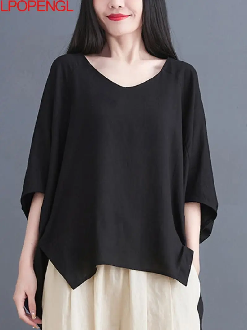 

Baggy Solid Tops Woment-shirt Casual Loose Batwing Sleeve Tops Tee Women V-neck Female Oversized Wild Classic Casual Clothing