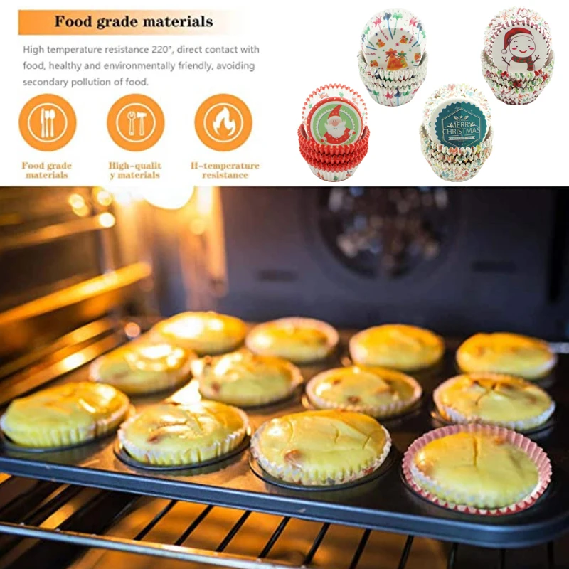 

100Pcs Merry Christmas Cake Mold Baking Cup Christmas Cupcake Paper Cups Home Christmas Cake Decorations Muffin Cupcake Liners