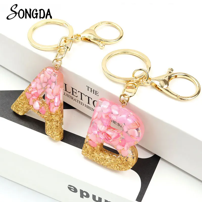 

Fashion Resin A-Z English Alphabet Pendant Keychain Pink Crystal 26 Initial Letters Keyring Gold Color Key Chain Holder Jewelry