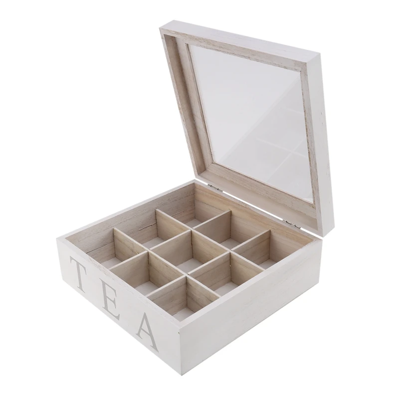 

Wood Tea Box Storage Container With Lid 9-Compartment Kitchen Organiser Coffee Tea Bag Storage Holder Organizer