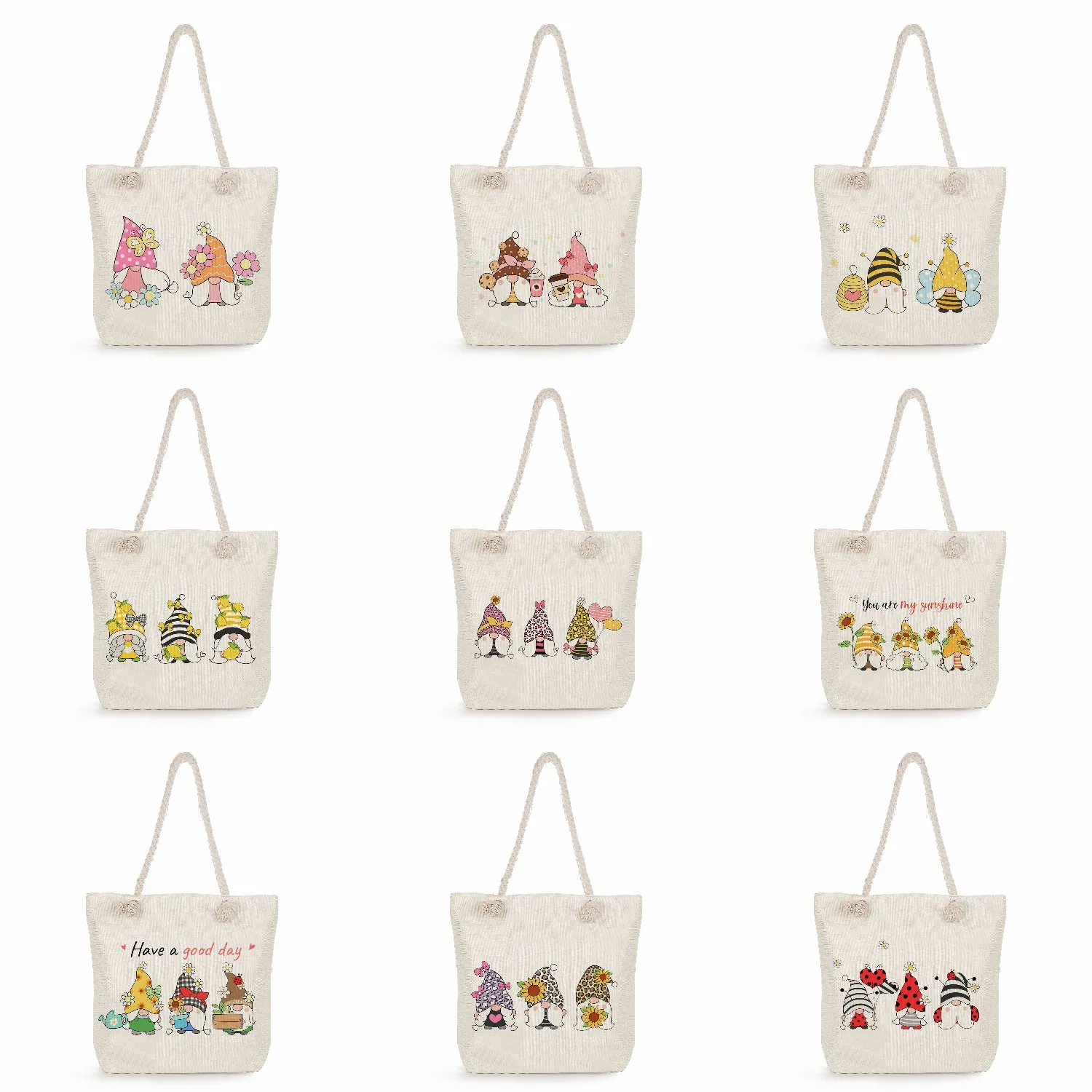 

Fashion Outdoor Shoulder Bags Cartoon Women Big Shopping Bags Travel Beach Thick Rope Tote Cute Gnomes Flower Printed Handbags