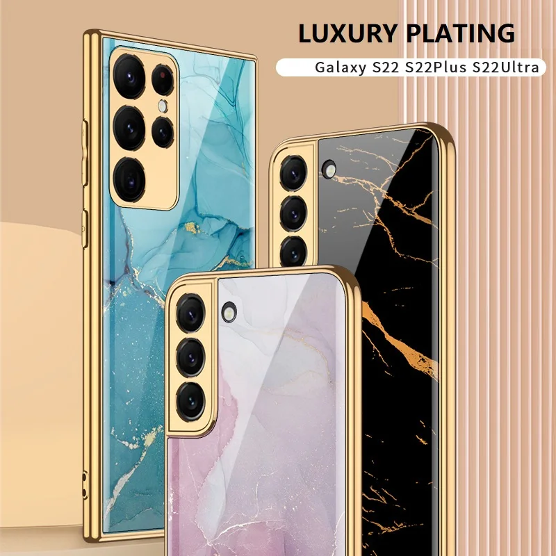 

Luxury Gold Plating Case for Samsung S22 Ultra S22 Plus Case Vintage Painted Tempered Glass Cover for Galaxy S22 Case Back Cover