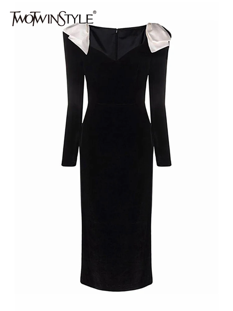 

TWOTWINSTYLE Slim Vintage Dresses For Women V Neck Long Sleeve High Waist Tunic Hit Color Elegant Dress Female Summer Fashion