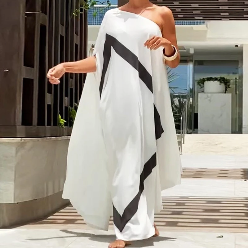 

Ellafads женское летнее платье-макси свободного кроя, повседневный стиль, на одно плечо, асимметричный дизайн, длинная юбка с принтом