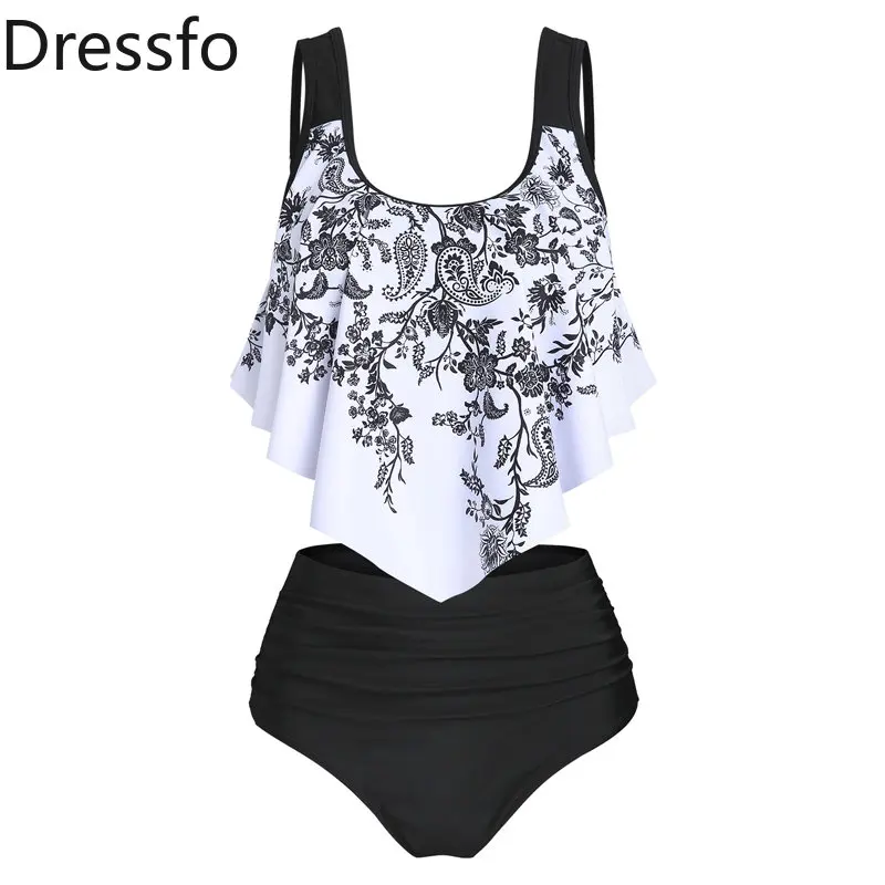 

Dressfo Ethnic Swimsuit Paisley Pattern Flower Printed Hem High Waist Tummy Control Tankini Padded Swimwear for Women 2023 New